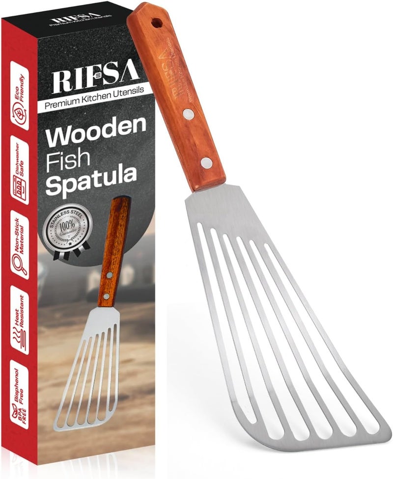 Rifsa 1 Slotted Elegant Silver Fish Turner Spatula - Metal Fish Spatula with 6.5 inch Blade & Ergonomic Wooden Handle - Ideal for Home and Professional Chefs - Image 1
